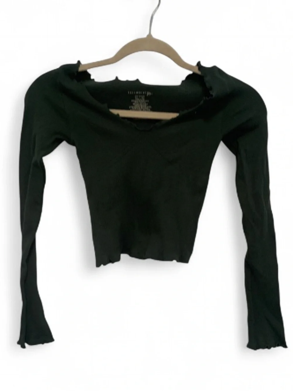 Intimately Free People Dark Green Ribbed Lettuce-Edge Long Sleeve Crop Top